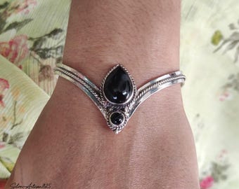 Handmade Sterling Silver Black Onyx Bangle, Adjustable Cuff Bracelet