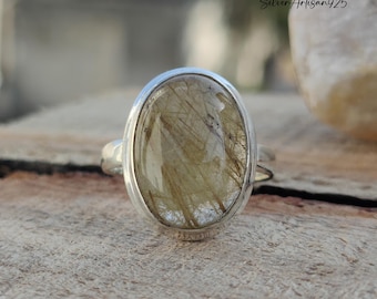 Anello in quarzo rutilato dorato fatto a mano: gioielli in argento sterling 925