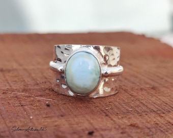 Hammered Larimar Ring: Wide Band 925 Sterling Silver Jewelry