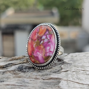 Pink Oyster Copper Turquoise Ring ~ 925 Silver Ring ~ Lovely Ring ~ Pink Oyster Ring ~ Oval Gemstone Ring ~ Handmade Jewelry Gift For Mother
