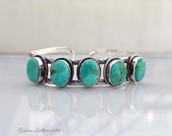 Handmade Kingman Turquoise Bangle, 925 Sterling Silver Boho Designer Jewelry, Multi Gemstone Bracelet