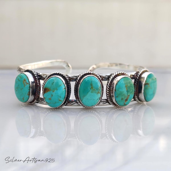 Handmade Kingman Turquoise Bangle, 925 Sterling Silver Boho Designer Jewelry, Multi Gemstone Bracelet