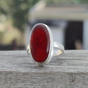 Kingman Turquoise Ring: Oval Sterling Silver Handmade Jewelry Red Garnet