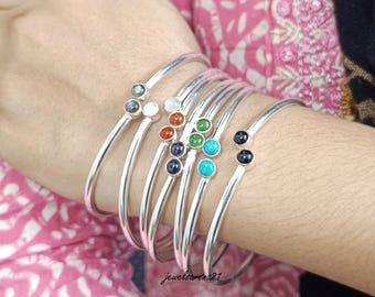 Sterling Silver Gemstone Bangle Set: Moonstone, Carnelian, Amethyst