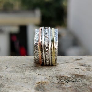 Sterling Silver Spinner Ring: Multi-Tone Anxiety Fidget Worry Ring
