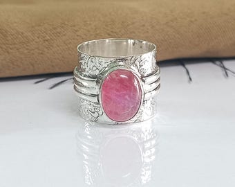 Handmade Pink Moonstone Sterling Silver Wide Band Ring