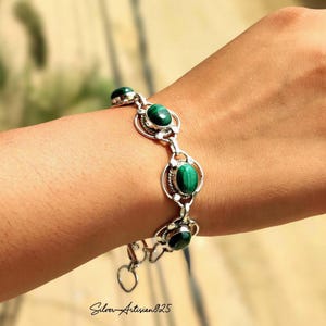 Malachite Gemstone Bracelet: Handcrafted 925 Sterling Silver, Adjustable