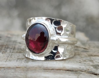 Red Garnet Sterling Silver Ring: Handmade Boho Statement Jewelry