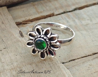 Handmade Emerald Sterling Silver Ring - Floral Statement Jewelry
