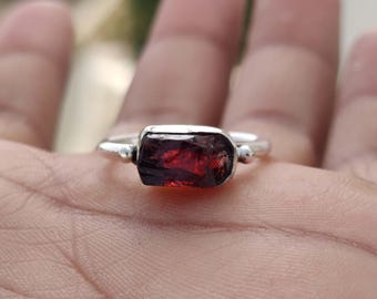 Handcrafted Raw Garnet Sterling Silver Ring - Minimalist Gemstone
