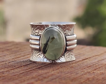 Prehnite Sterling Silver Ring: Wide Band 925 Silver