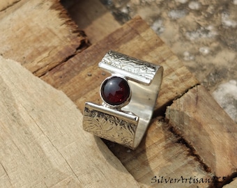 Handmade Red Garnet 925 Sterling Silver Wide Band Ring