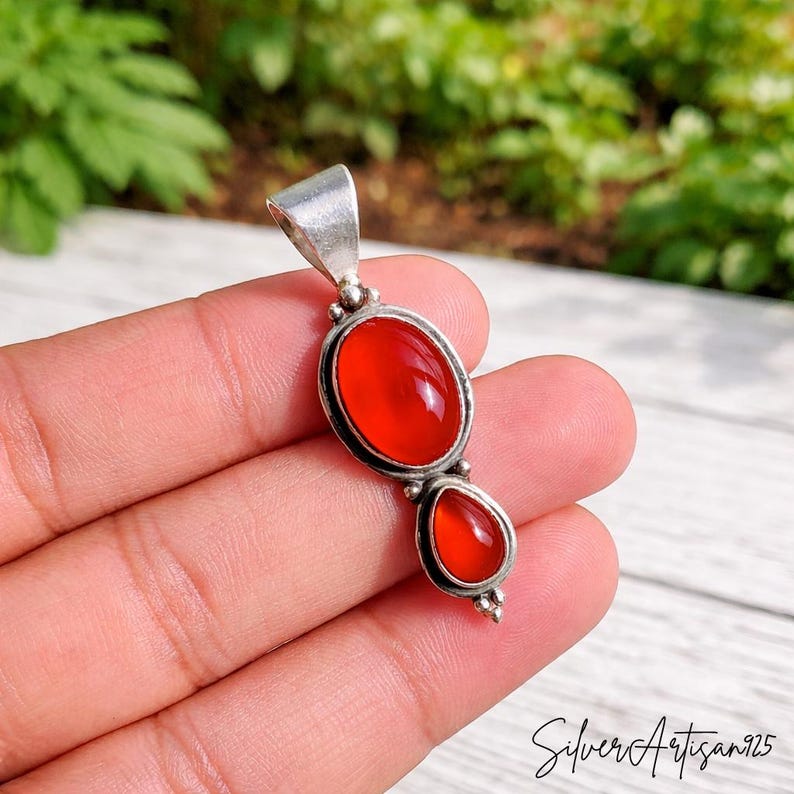 Garnet Sterling Silver Pendant: Oval Pear Bohemian Necklace Carnelian