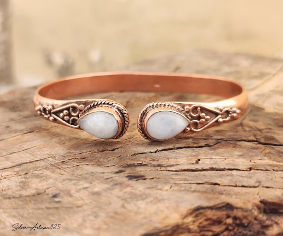 Handmade Copper Bangle Bracelet: Dual Moonstone Adjustable Cuff