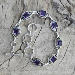 Handmade Amethyst Bracelet: Square 925 Sterling Silver Adjustable Jewelry