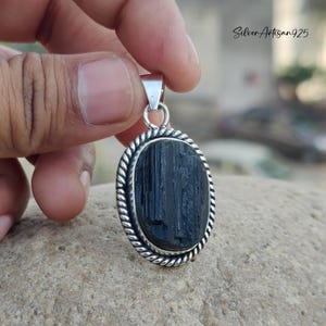 Black Raw Tourmaline Necklace: Handmade 925 Sterling Silver Pendant