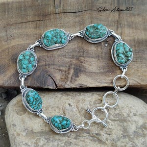 Raw Turquoise Sterling Silver Bracelet - Handcrafted Gemstone Jewelry