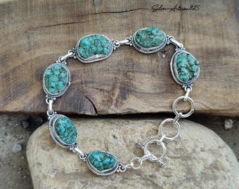 Raw Turquoise Sterling Silver Bracelet - Handcrafted Gemstone Jewelry