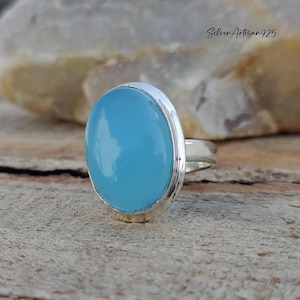 Oval Blue Chalcedony Ring: Sterling Silver Handcrafted Jewelry