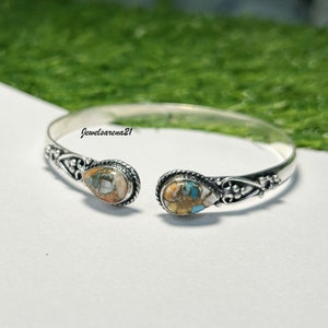 Oyster Copper Turquoise Sterling Silver Bangle: Adjustable Gemstone Cuff