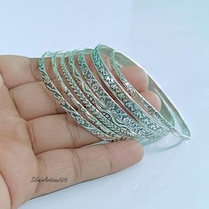 Handmade Sterling Silver Bangle Set: Floral Indian Bracelets (Set of 7)