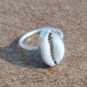Cowrie Shell 925 Sterling Silver Ring, Boho Birthstone Jewelry