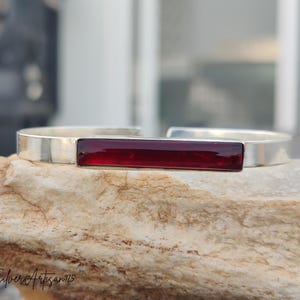 Red Garnet Gemstone Bangle, Handmade Sterling Silver Cuff Adjustable Bracelet