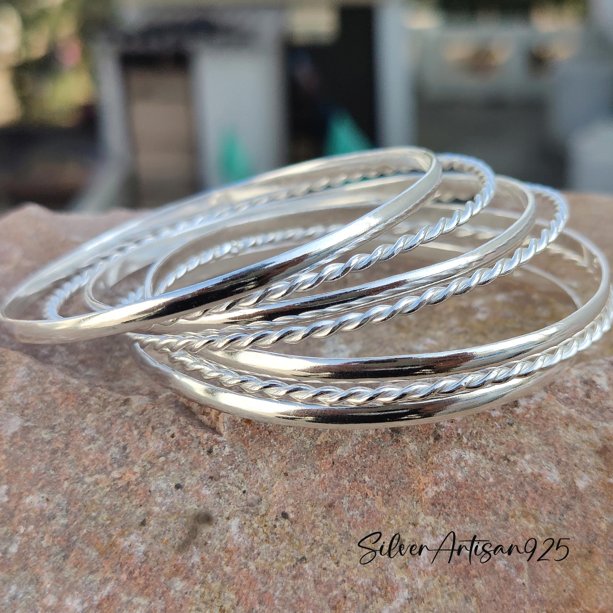 アクセサリー LET IT BE Stamped & Twisted Bangle SV925 Sterling Silver Bangle Set: Stackable Twisted Bracelets - Etsy