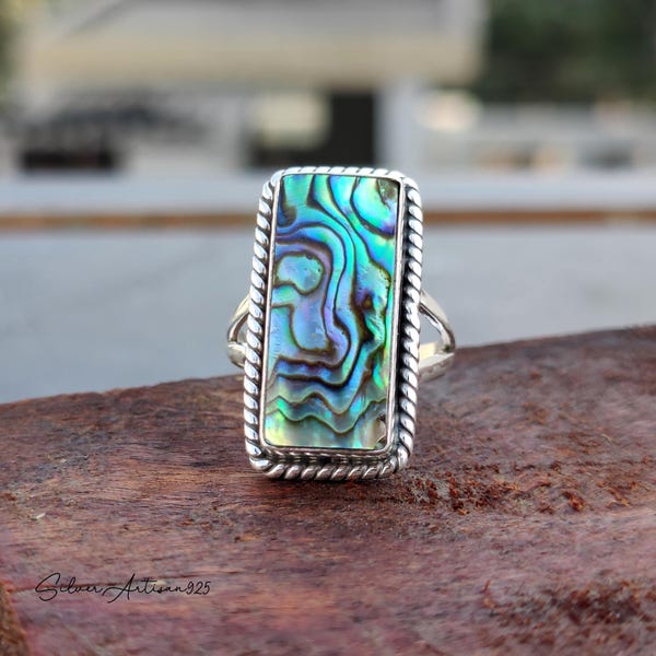 Sterling Silver Abalone Shell Ring: Rectangle Gemstone Statement Ring
