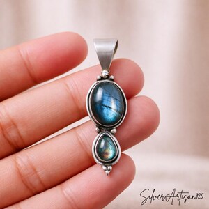 Garnet Sterling Silver Pendant: Oval Pear Bohemian Necklace Labradorite