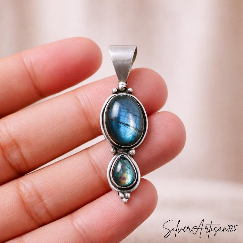 Garnet Sterling Silver Pendant: Oval Pear Bohemian Necklace Labradorite