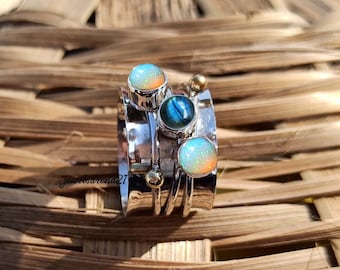 Ethiopian Opal Labradorite Spinner Ring - Sterling Silver Worry Ring