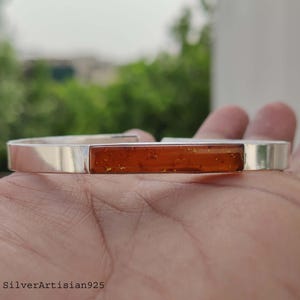 Handcrafted Amber Bangle: 925 Sterling Silver Adjustable Cuff