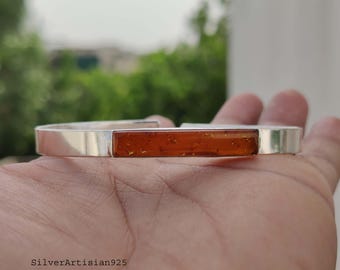 Handcrafted Amber Bangle: 925 Sterling Silver Adjustable Cuff