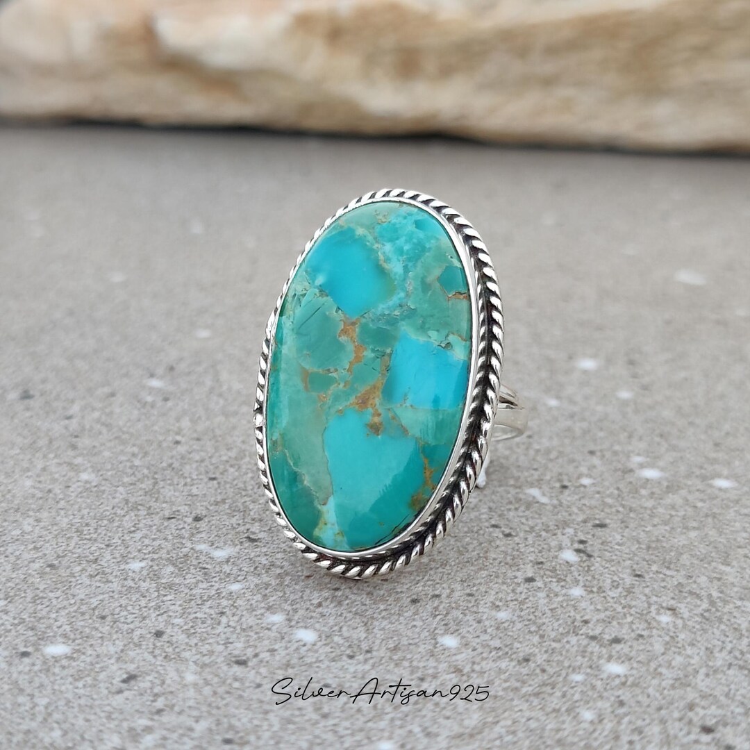 Oval Kingman Turquoise Ring - Handmade Sterling Silver Gemstone Women ...