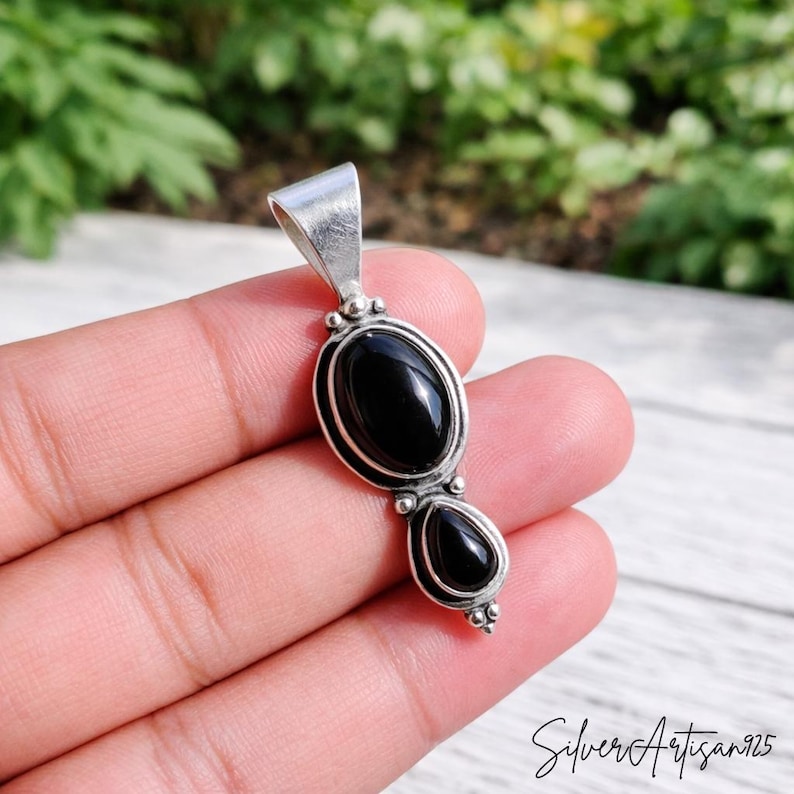 Garnet Sterling Silver Pendant: Oval Pear Bohemian Necklace Black Onyx