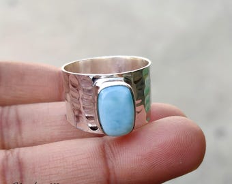 Handmade Larimar Ring: Hammered Sterling Silver Wide Band