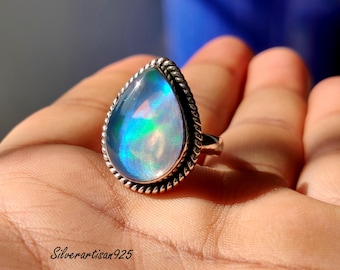 Handmade Aurora Opal 925 Sterling Silver Ring
