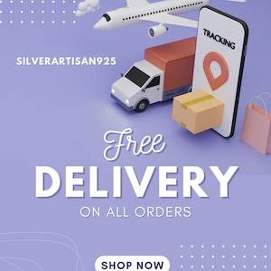 May include: A 3D illustration of a delivery truck, a plane, a smartphone with a tracking app, and a box. The background is purple with white polka dots. The text "Free Delivery on all orders" and "Shop Now" are displayed on the image.
