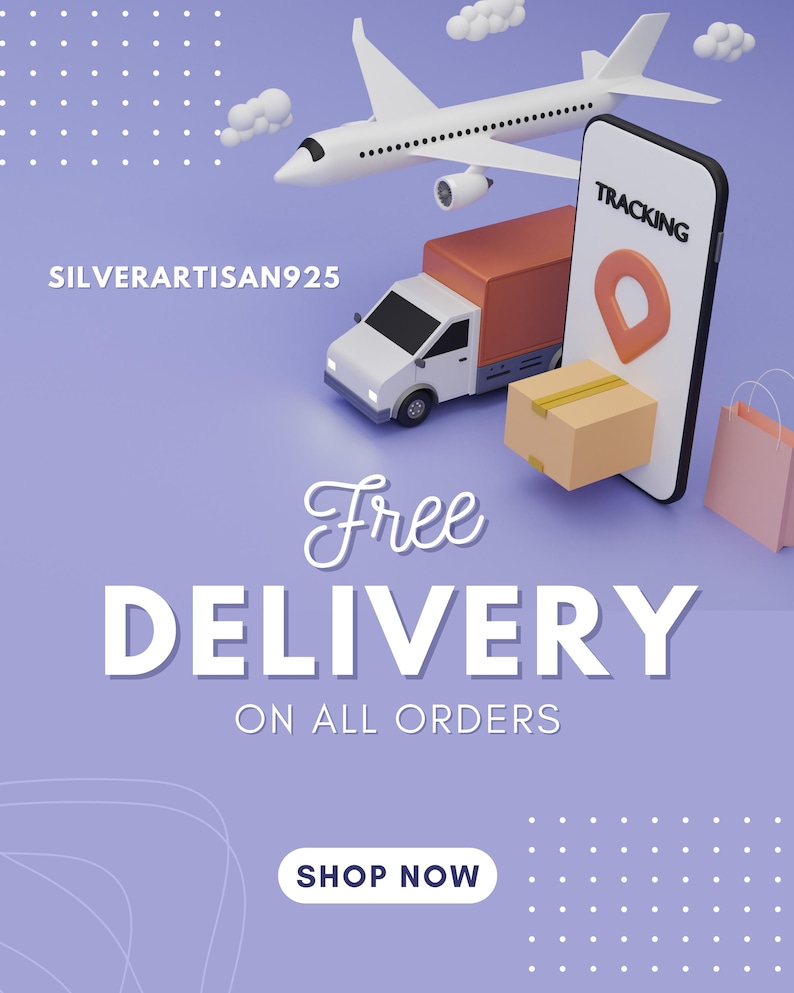 May include: A 3D illustration of a delivery truck, a plane, a smartphone with a tracking app, and a box. The background is purple with white polka dots. The text "Free Delivery on all orders" and "Shop Now" are displayed on the image.
