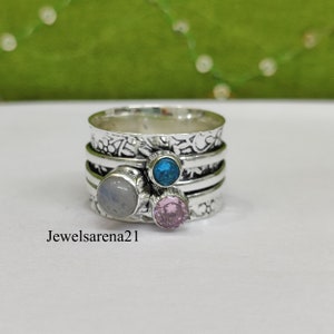 Moonstone Spinner Ring: 925 Sterling Silver, Rose Quartz & Blue Topaz