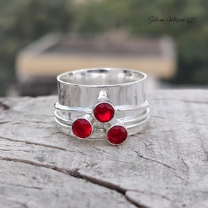 Handmade Garnet Spinner Ring: Sterling Silver Meditation Band