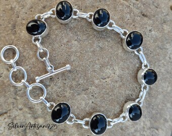 Black Onyx Sterling Silver Bracelet: Adjustable Gemstone Bangle