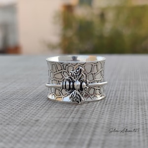 Honey Bee Spinner Ring: 925 Sterling Silver Wide Band