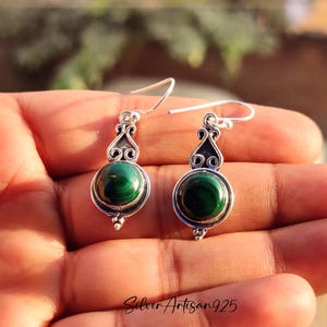 Malachite Sterling Silver Drop Earrings: Handmade Gemstone Jewelry