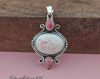 Sterling Silver Cinnabar & Thulite Gemstone Pendant