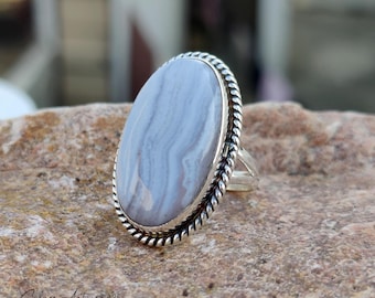 Blue Lace Agate Sterling Silver Ring - Handmade Gemstone Jewelry