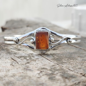 Handmade Amber Bangle: 925 Sterling Silver Adjustable Cuff