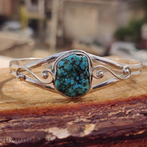 Handmade Raw Turquoise Sterling Silver Bangle Bracelet: Adjustable Gemstone
