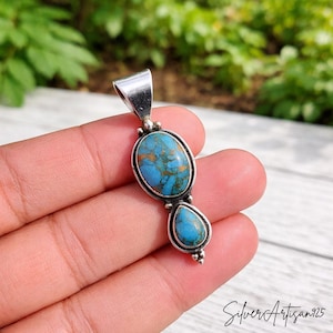 Garnet Sterling Silver Pendant: Oval Pear Bohemian Necklace BlueCopperTurquoise